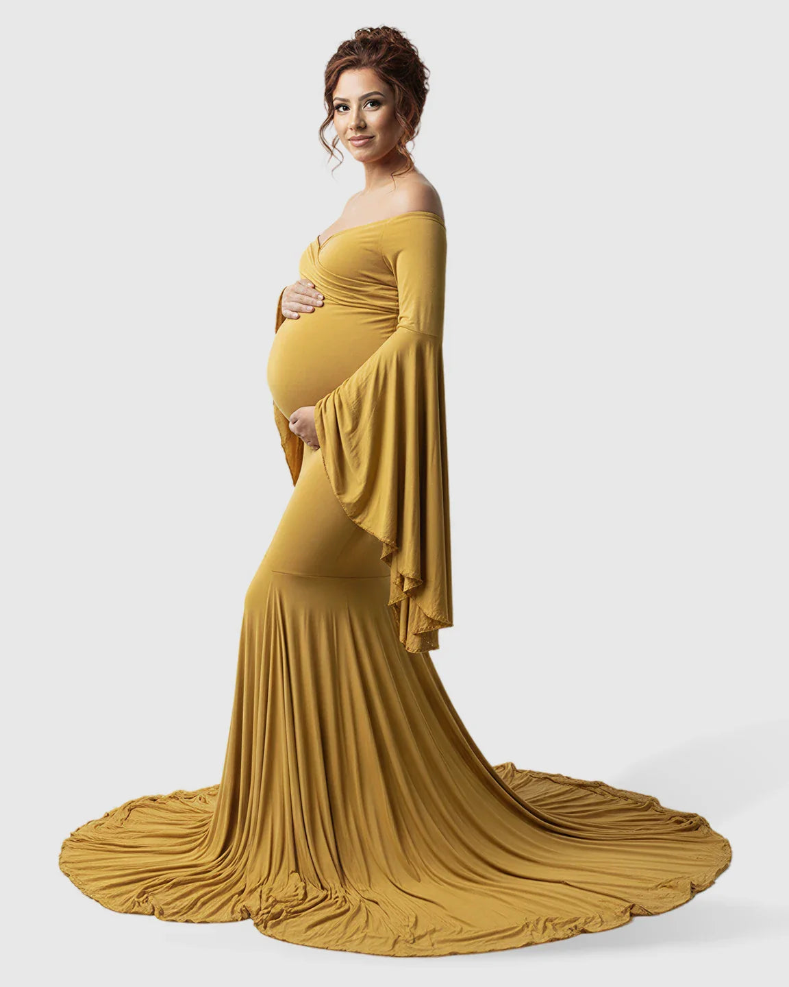 Bump Society – The Comfort Collection: Flared Sleeve Fishtail Train Maternity Photoshoot Dress