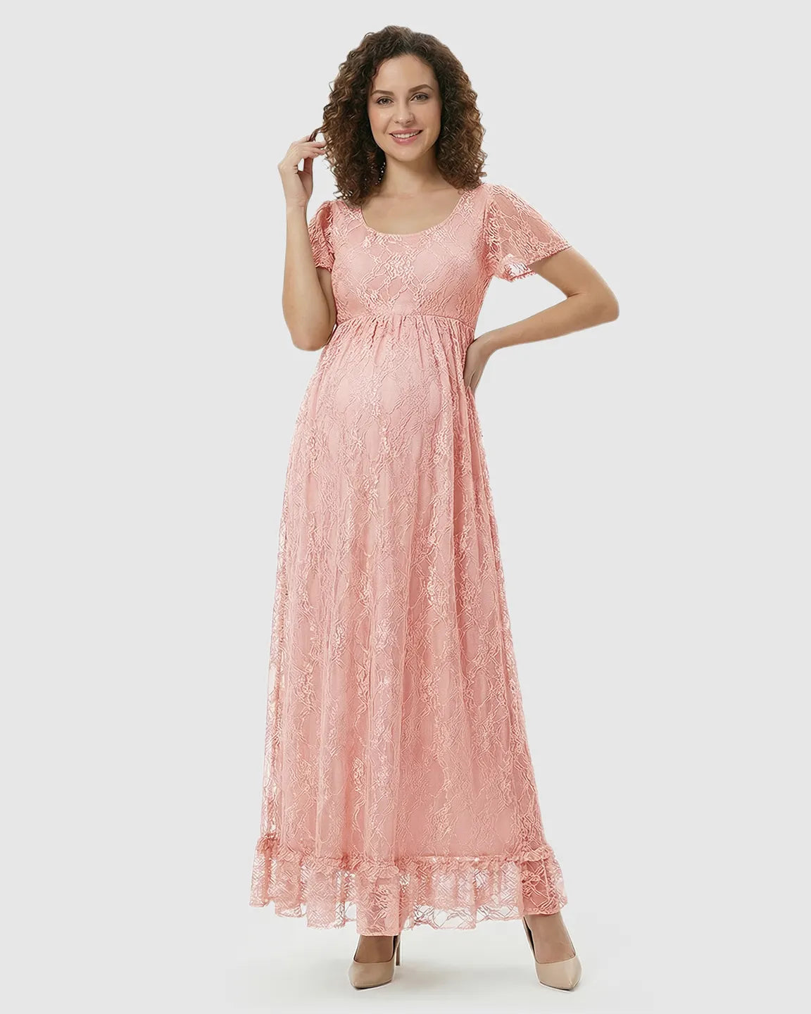 Bump Society – The Comfort Collection: Ruffled Hem Floral Lace Maternity Photoshoot Dress