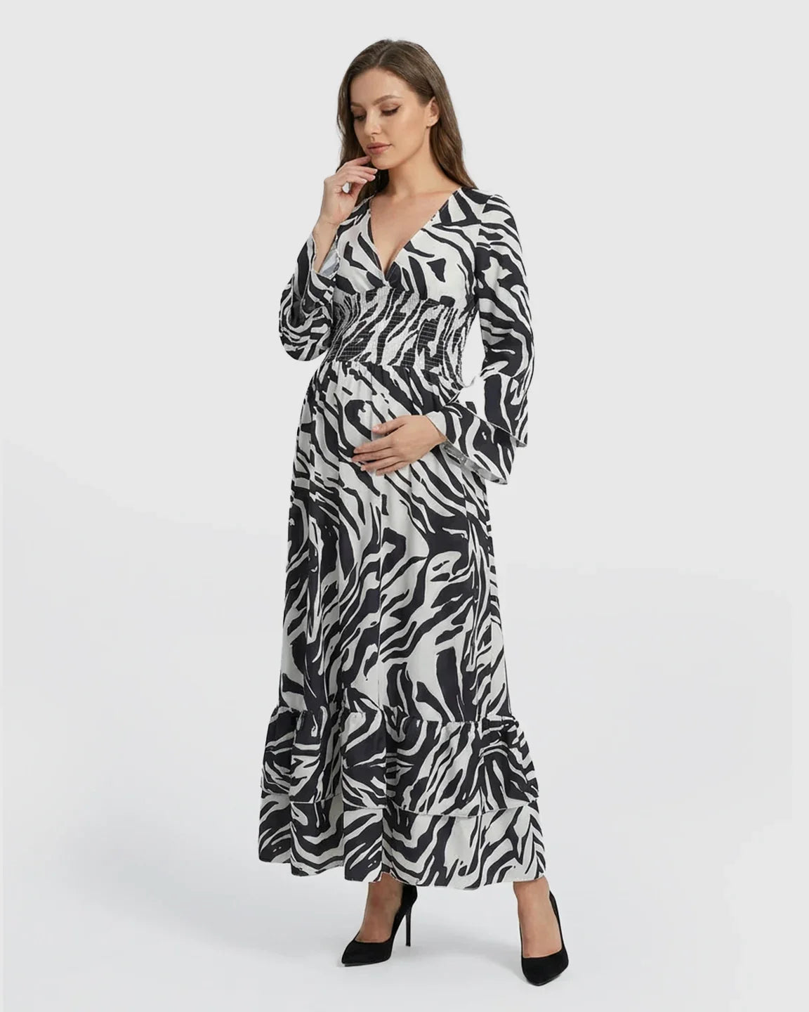 Bump Society – The Comfort Collection: Geometric Pattern Smocked Mid-Waist Maternity Maxi Dress