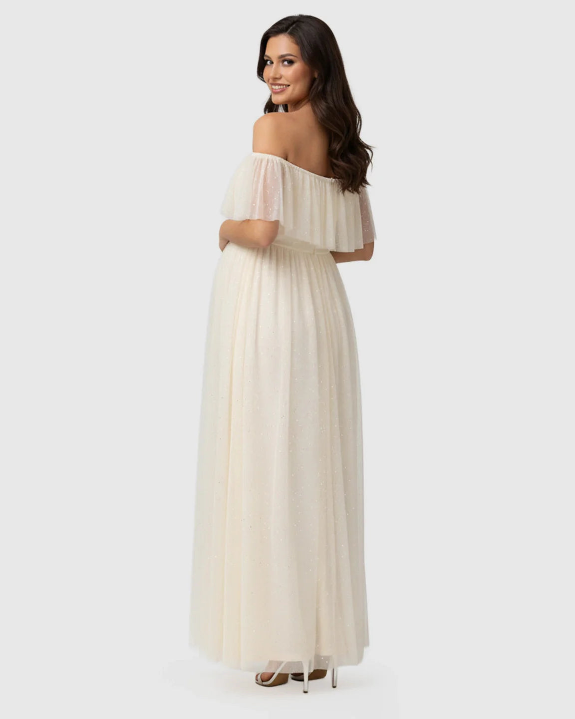 Bump Society – The Comfort Collection: Off-Shoulder Ruffled Mesh Maternity Maxi Dress