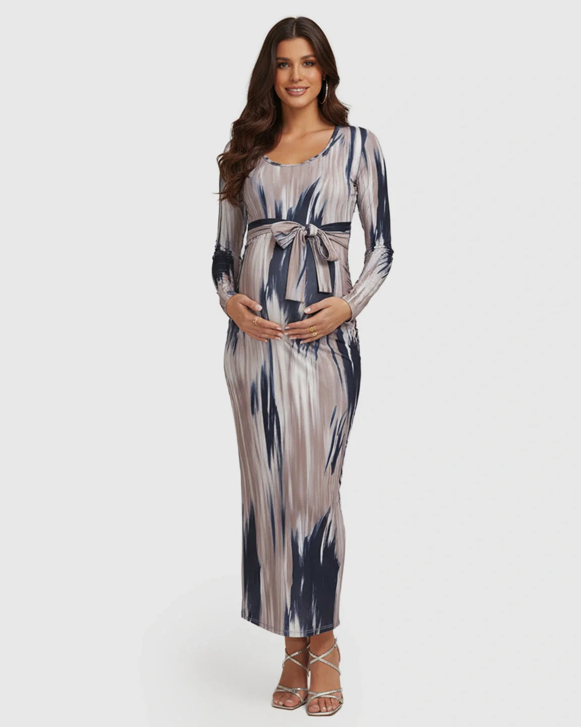 Bump Society – The Comfort Collection: Adjustable Tie-Waist Ink-Wash Maternity Maxi Dress