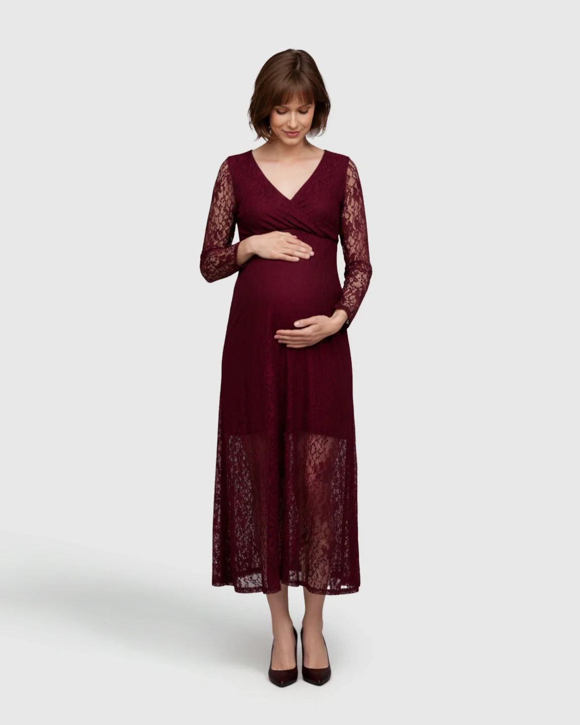 Bump Society – The Comfort Collection: Sheer Lace Long Sleeve Maternity Midi Dress