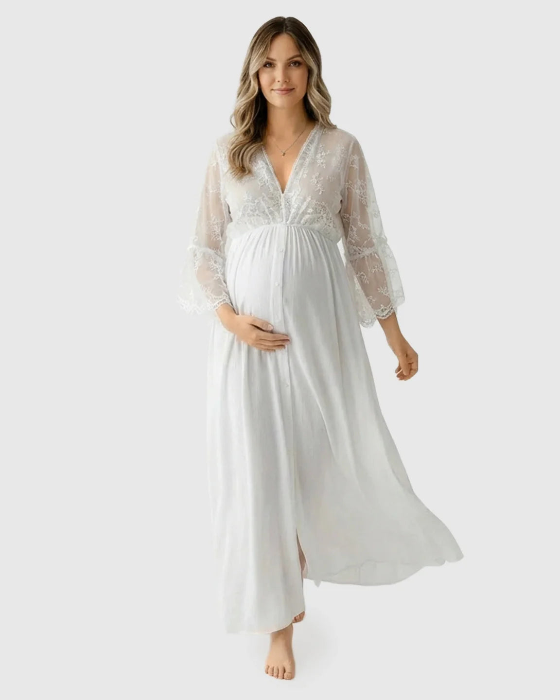 Bump Society – The Comfort Collection: Lace Bell-Sleeve V-Neck Maternity Gown