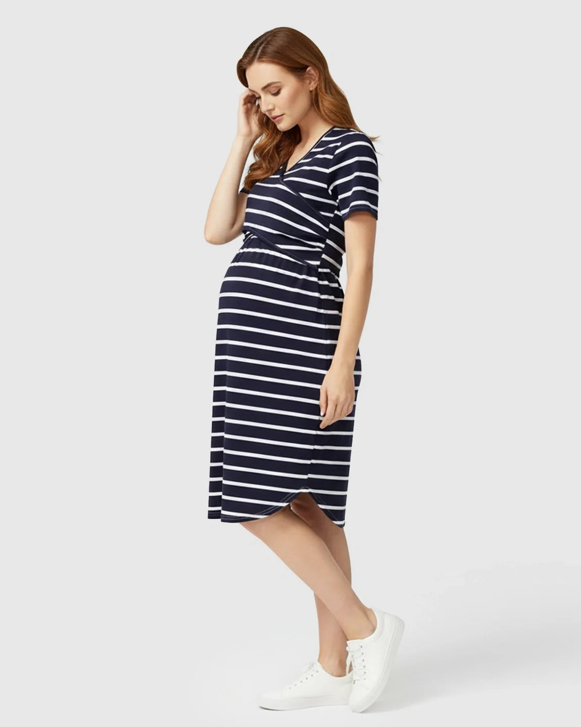 Bump Society – The Nursing Collection: Striped Crossover Fitted Nursing Maternity Midi Dress