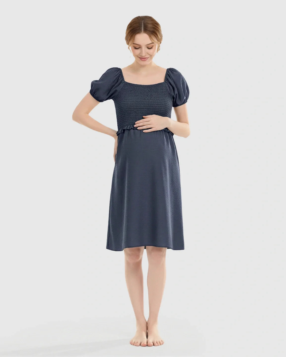 Bump Society – The Nursing Collection: Puff-Sleeve Flowy Maternity & Nursing Midi Dress