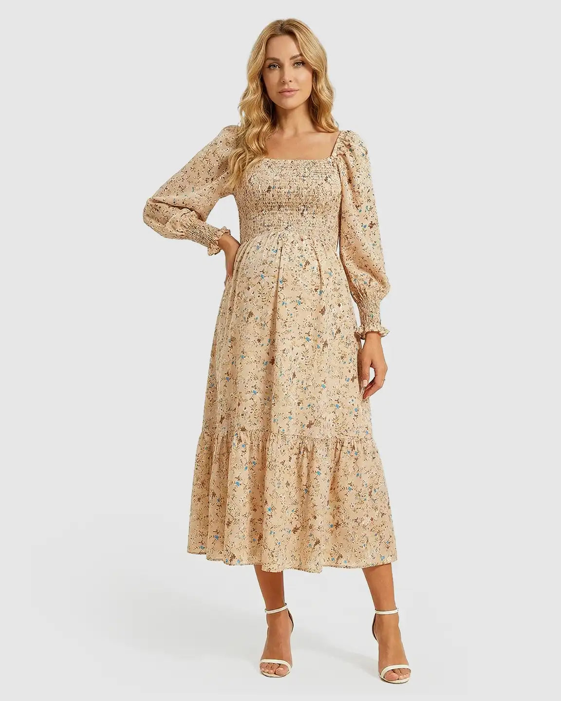 Bump Society – The Comfort Collection: Wrinkle-Resistant Floral Maternity Midi Dress