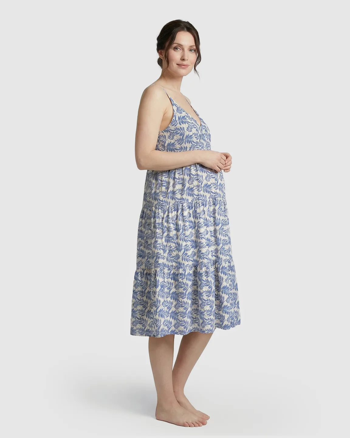 Bump Society – The Comfort Collection: Adjustable-Strap Blue Leaves Print Maternity Nightdress