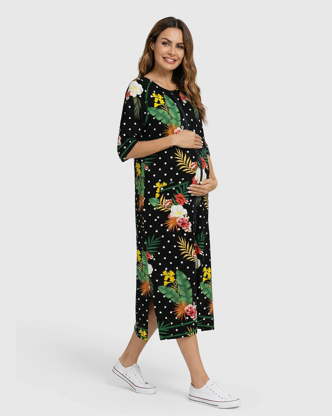Bump Society – The Nursing Collection: Zip Front Tropical Print Maternity Nursing Lounge Dress