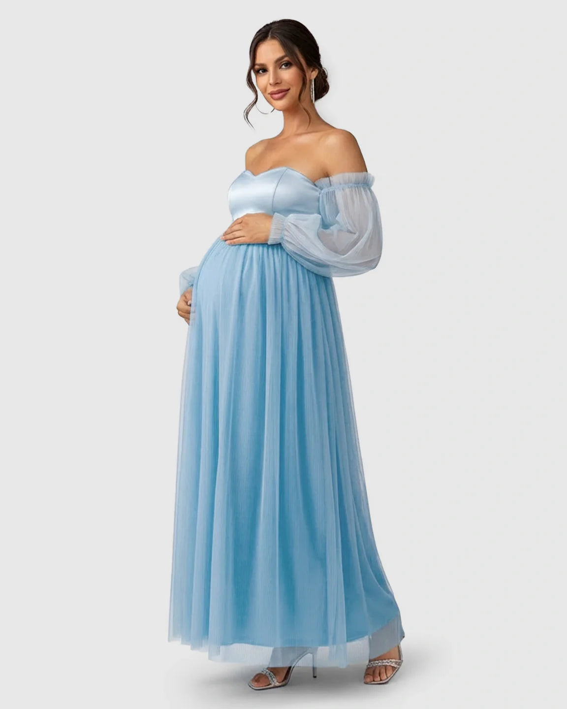 Bump Society – The Comfort Collection: Off-Shoulder Mesh-Sleeve Maternity Gown