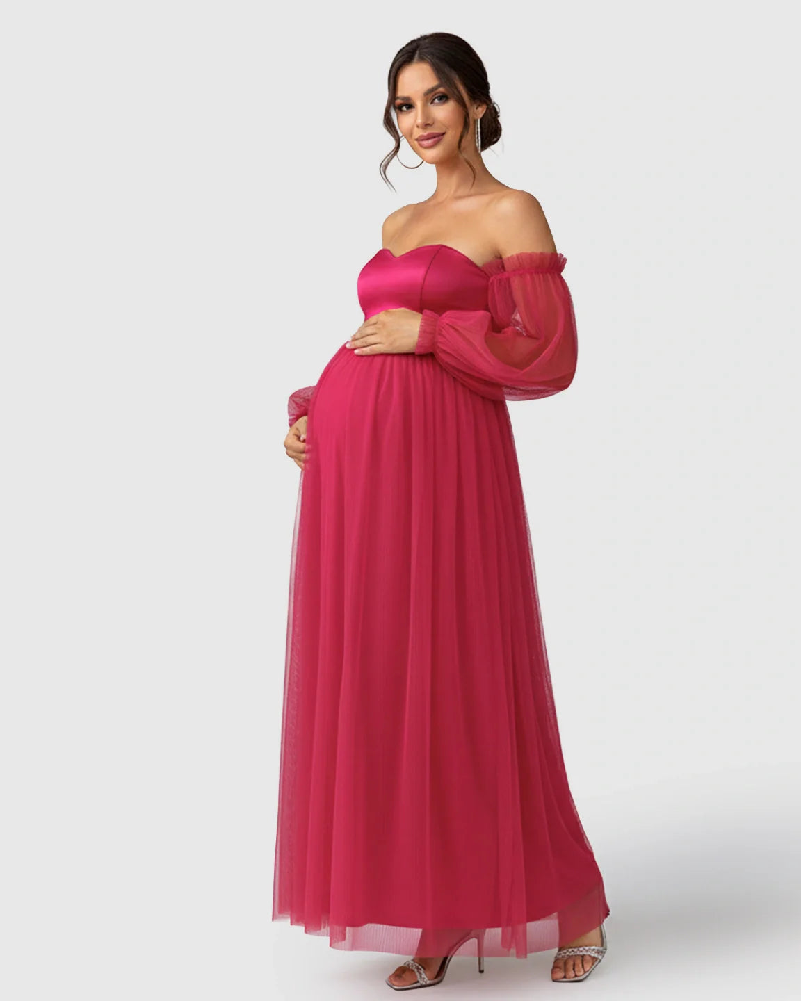 Bump Society – The Comfort Collection: Off-Shoulder Mesh-Sleeve Maternity Gown