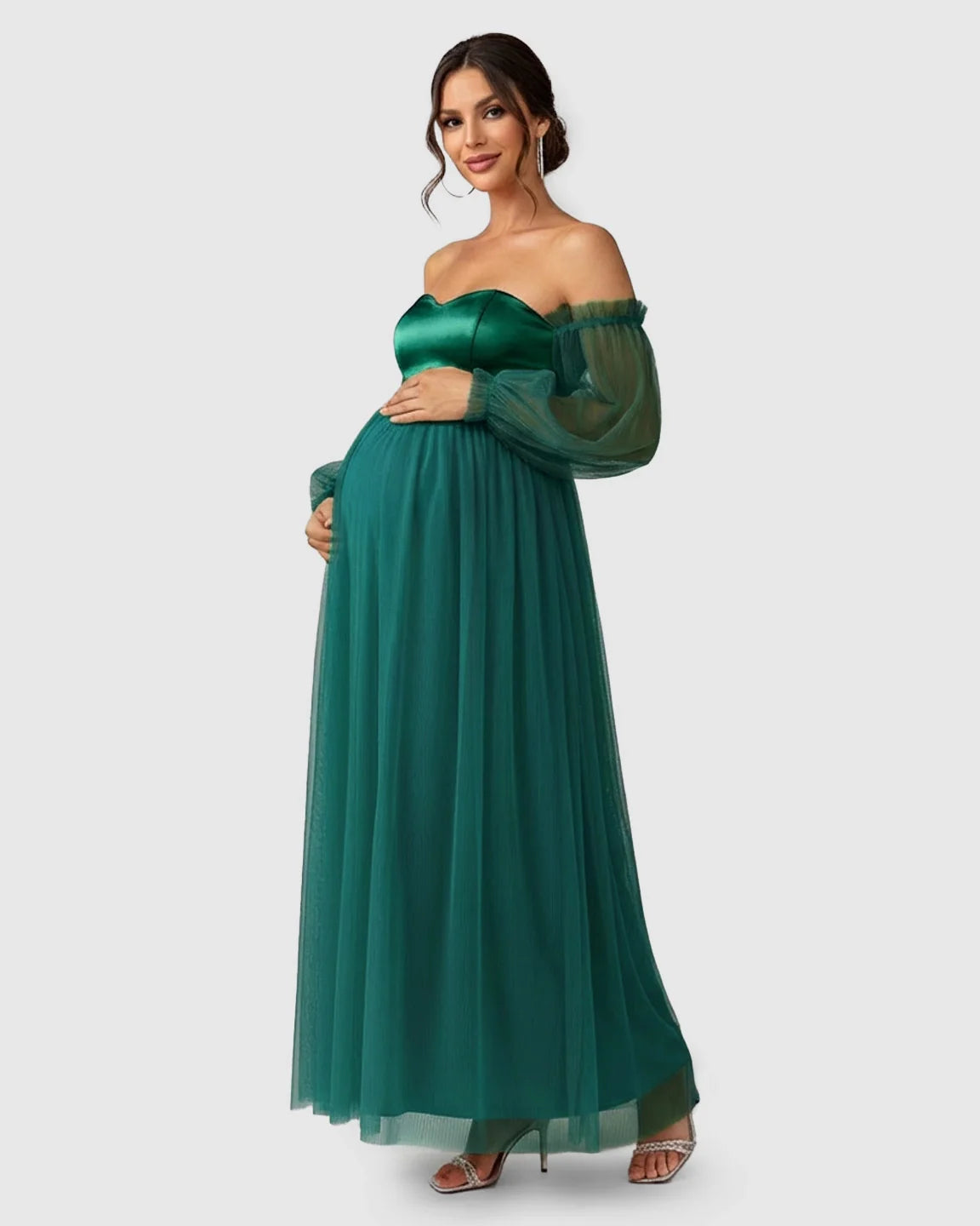 Bump Society – The Comfort Collection: Off-Shoulder Mesh-Sleeve Maternity Gown