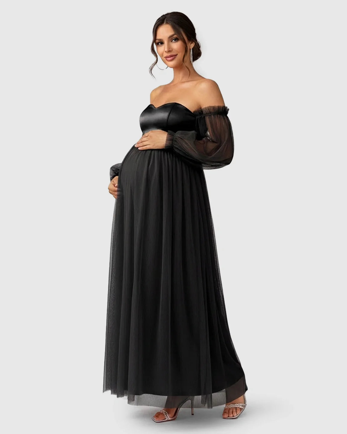Bump Society – The Comfort Collection: Off-Shoulder Mesh-Sleeve Maternity Gown