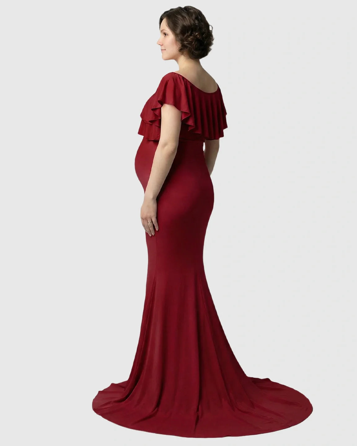 Bump Society – The Comfort Collection: Ruffle-Off Shoulder Trailing Maternity Gown