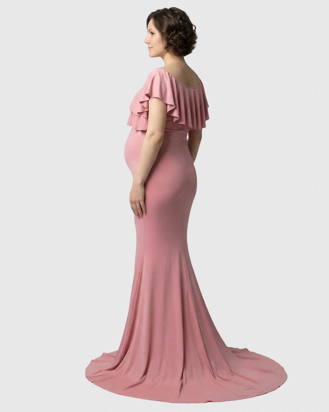 Bump Society – The Comfort Collection: Ruffle-Off Shoulder Trailing Maternity Gown