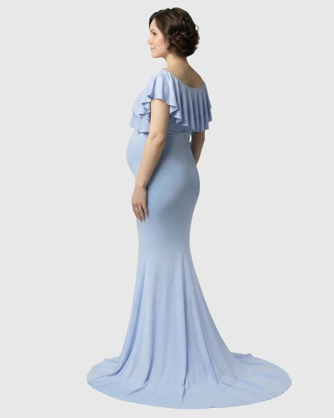 Bump Society – The Comfort Collection: Ruffle-Off Shoulder Trailing Maternity Gown