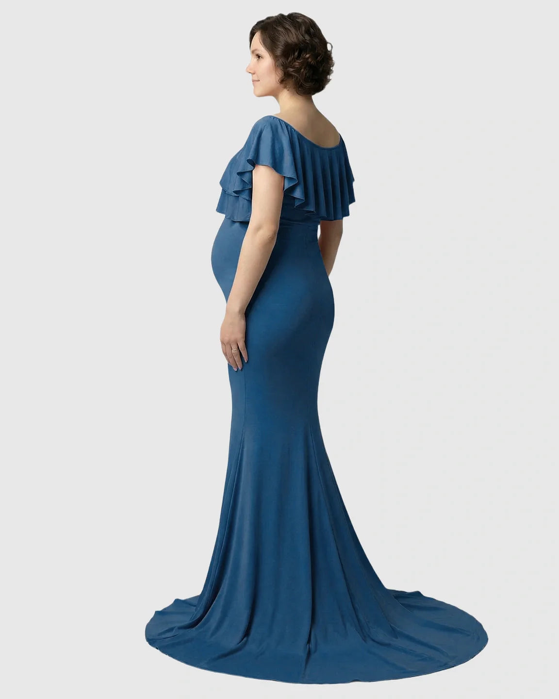 Bump Society – The Comfort Collection: Ruffle-Off Shoulder Trailing Maternity Gown