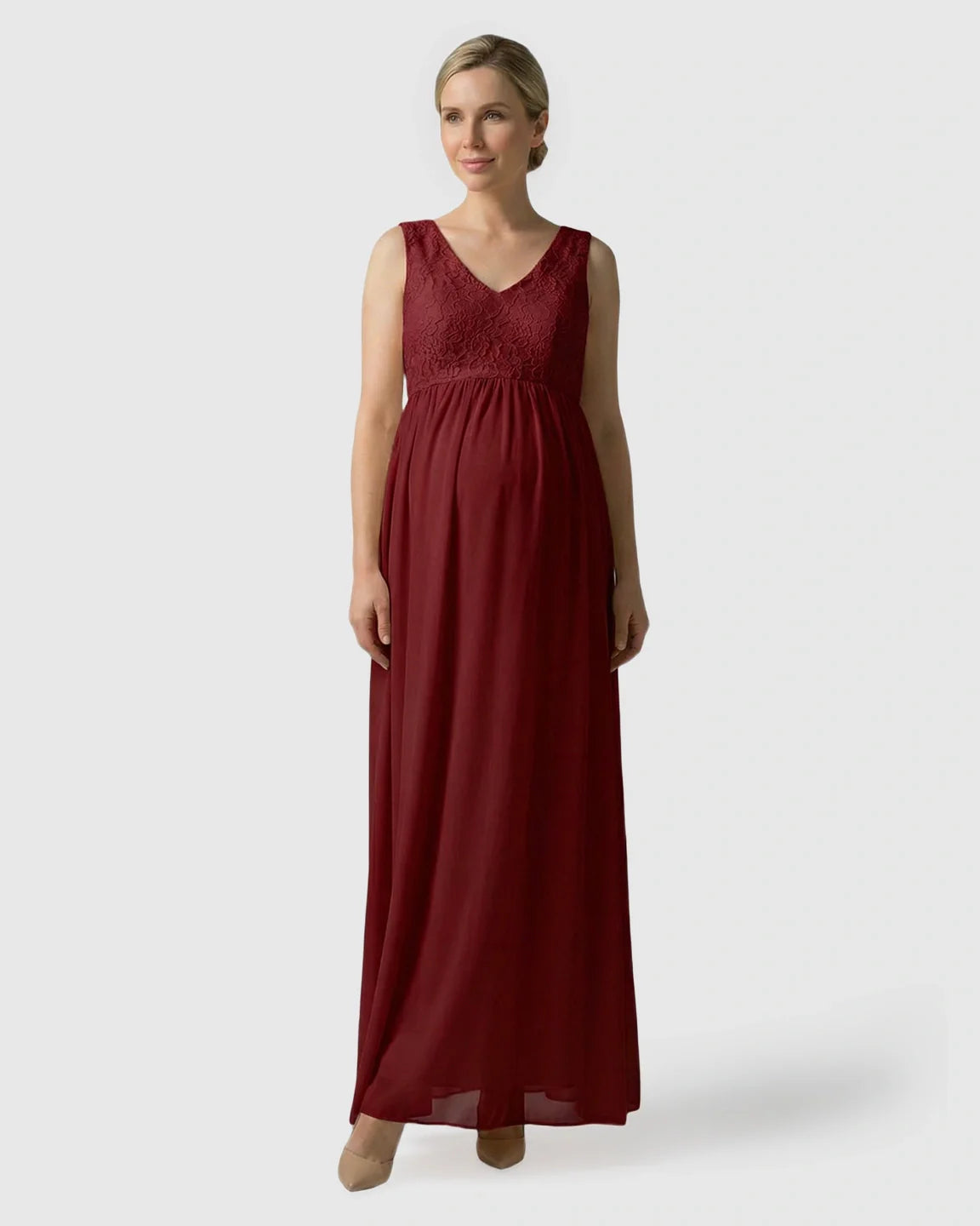 Bump Society – The Comfort Collection: Lace-Chiffon Romantic Maternity Maxi Dress