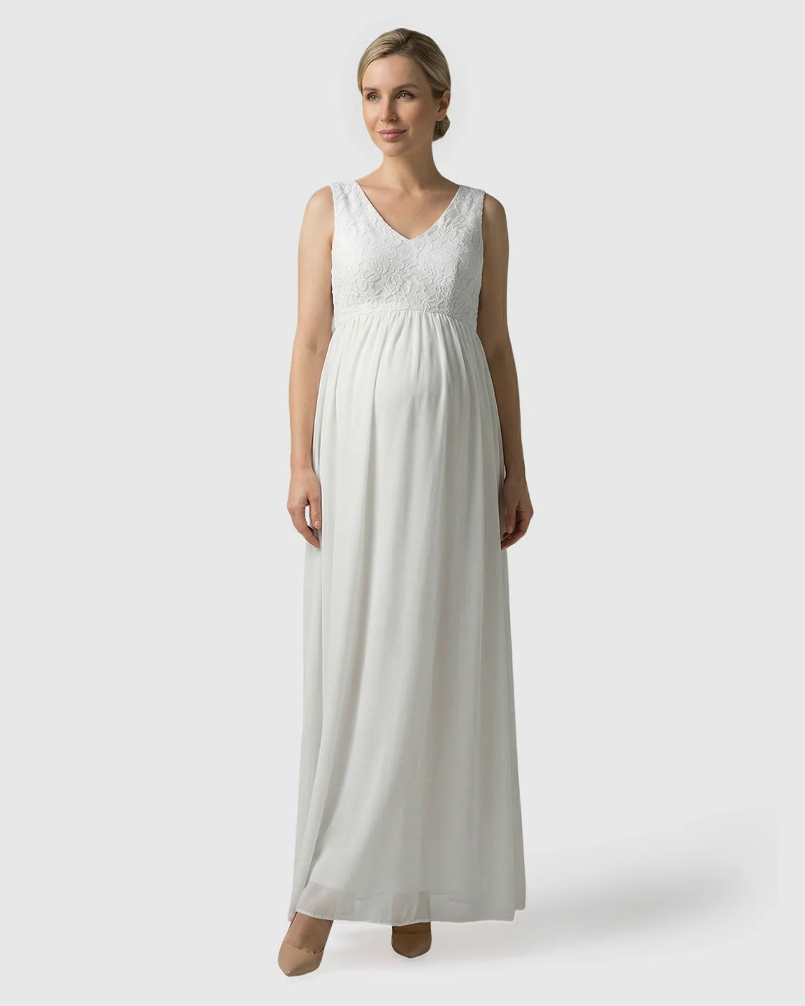 Bump Society – The Comfort Collection: Lace-Chiffon Romantic Maternity Maxi Dress
