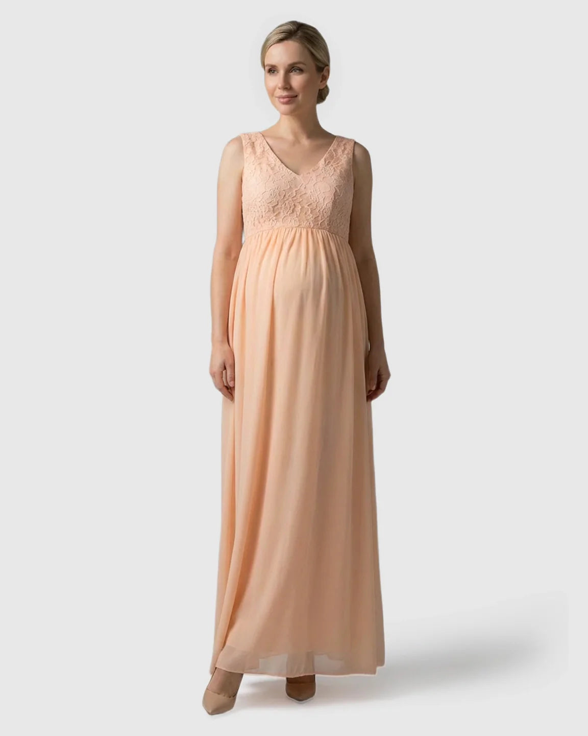 Bump Society – The Comfort Collection: Lace-Chiffon Romantic Maternity Maxi Dress