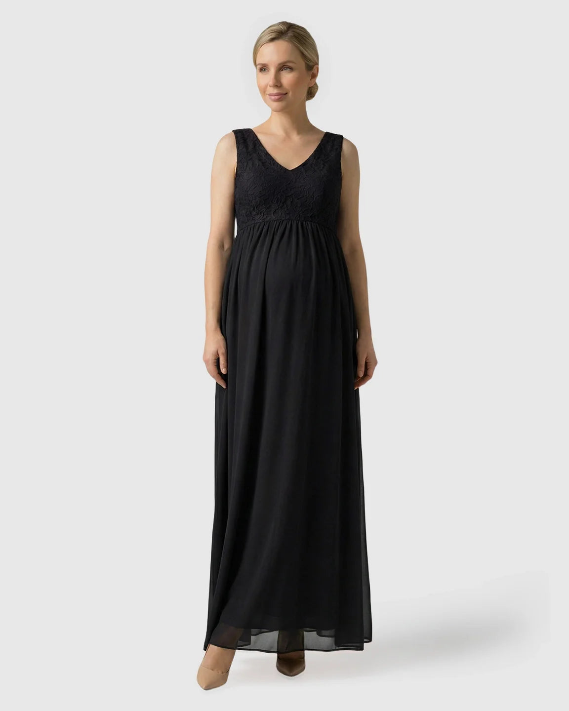 Bump Society – The Comfort Collection: Lace-Chiffon Romantic Maternity Maxi Dress