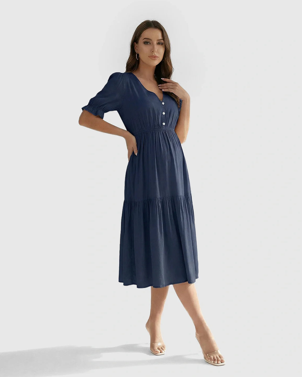 Bump Society – The Comfort Collection: V Neck Puff Sleeve Maternity Midi Dress