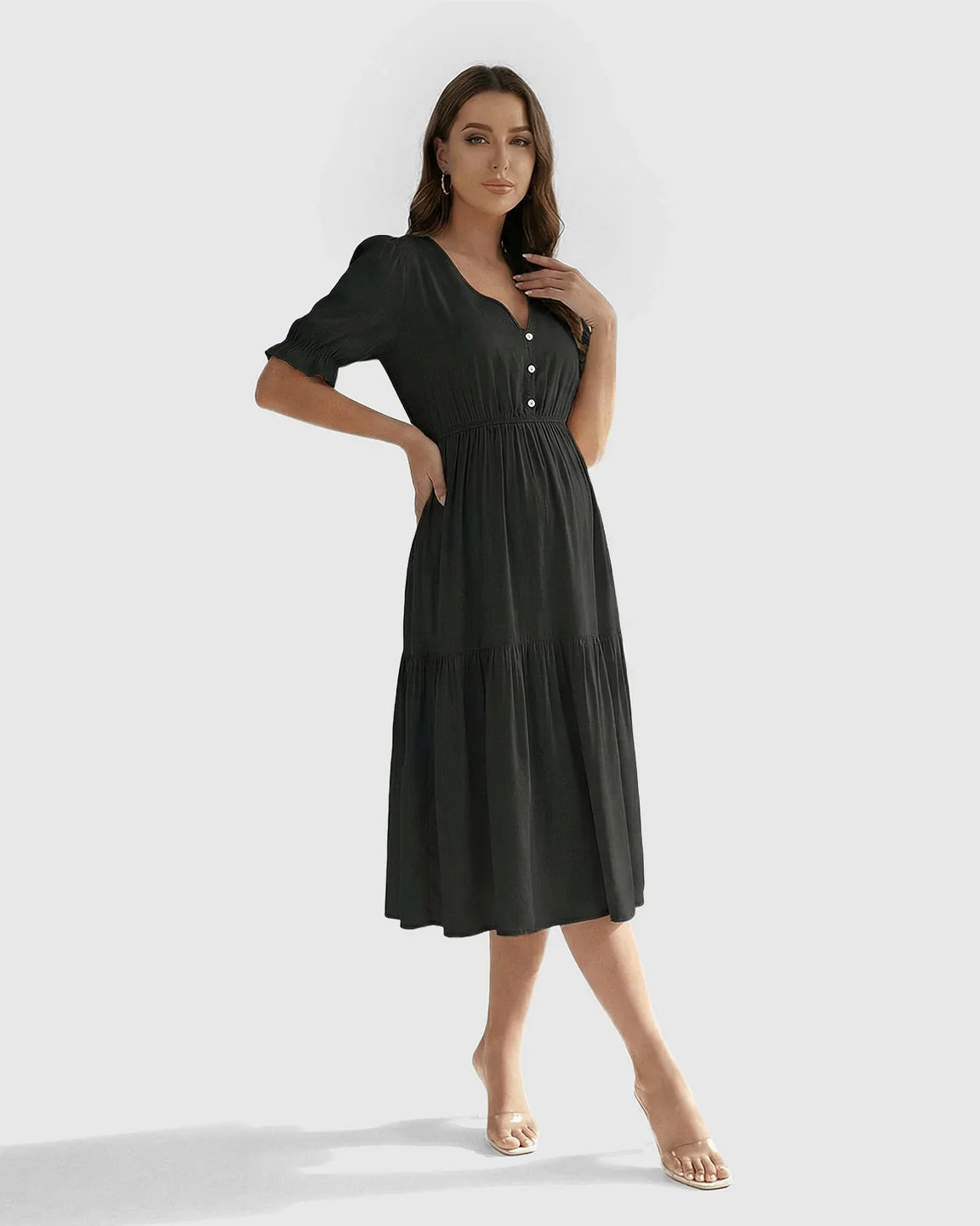 Bump Society – The Comfort Collection: V Neck Puff Sleeve Maternity Midi Dress
