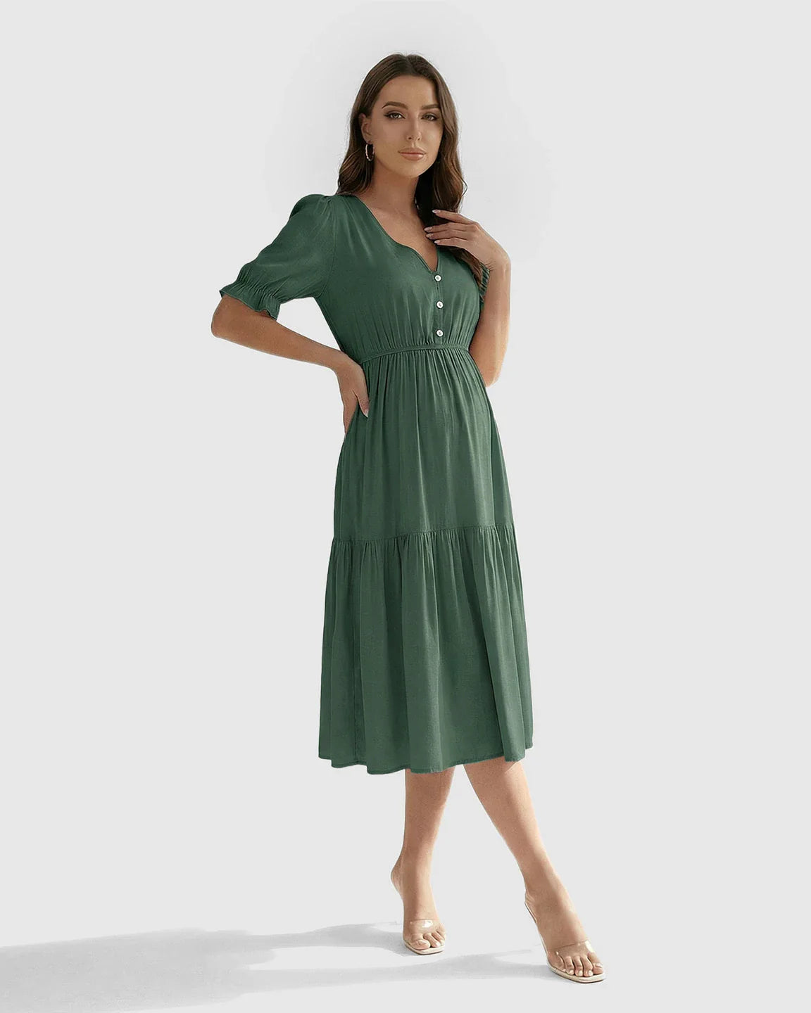 Bump Society – The Comfort Collection: V Neck Puff Sleeve Maternity Midi Dress
