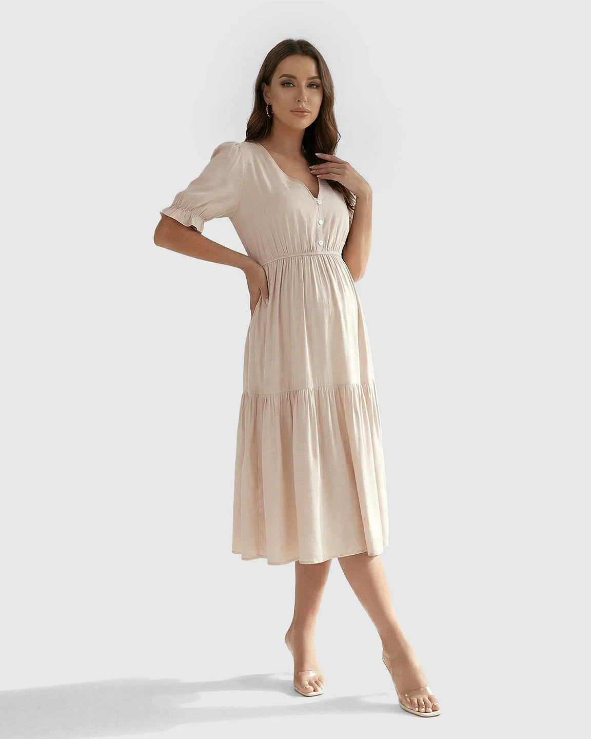 Bump Society – The Comfort Collection: V Neck Puff Sleeve Maternity Midi Dress