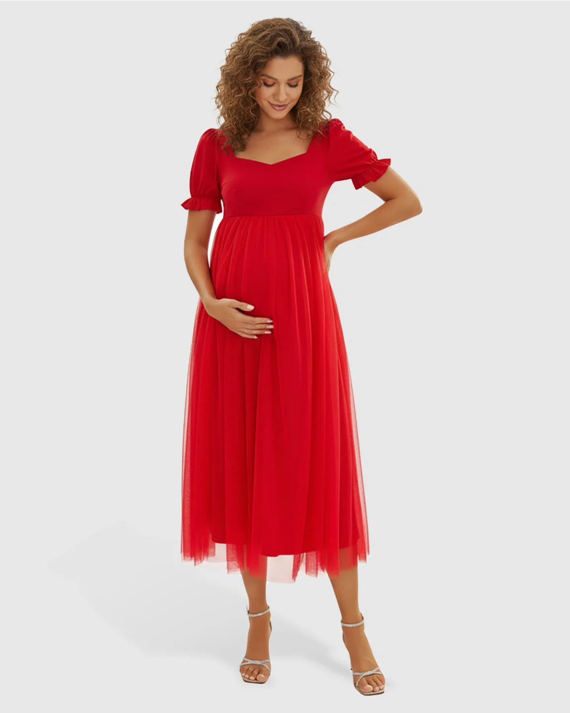 Bump Society – The Comfort Collection: Layered Mesh Romantic Maternity Midi Dress