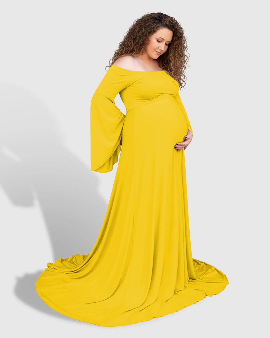 Bump Society – The Comfort Collection: Off-Shoulder Bell Sleeve Boho Maternity Photoshoot Maxi Dress