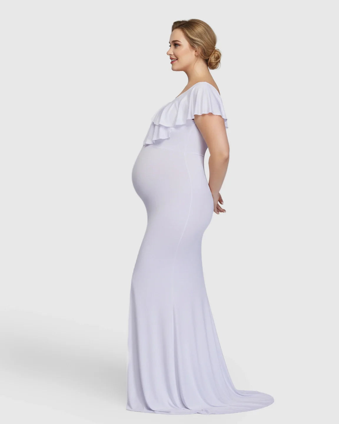 Bump Society – The Comfort Collection: Off-Shoulder Ruffled Bodycon Maternity Maxi Dress