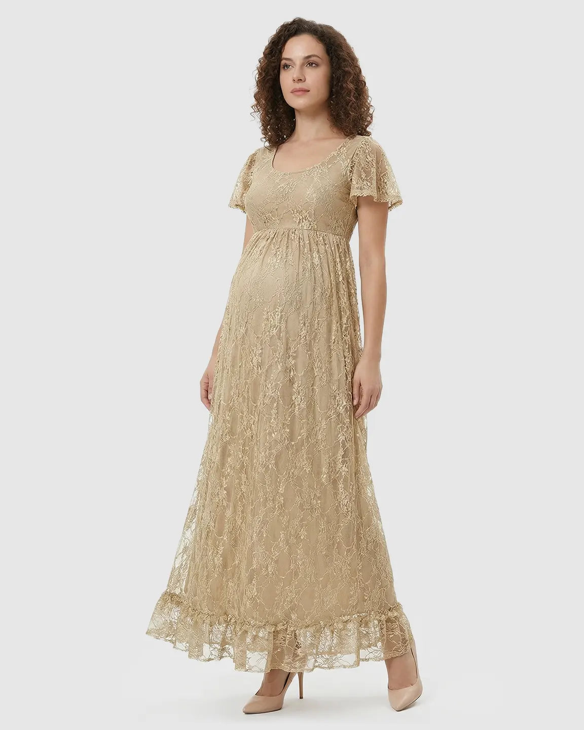 Bump Society – The Comfort Collection: Ruffled Hem Floral Lace Maternity Photoshoot Dress