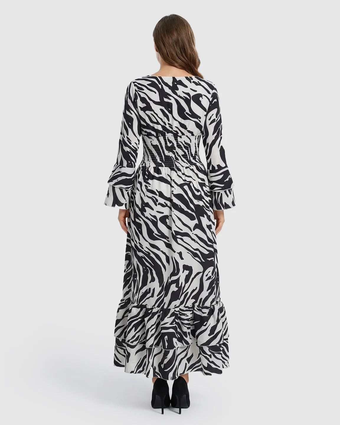 Bump Society – The Comfort Collection: Geometric Pattern Smocked Mid-Waist Maternity Maxi Dress