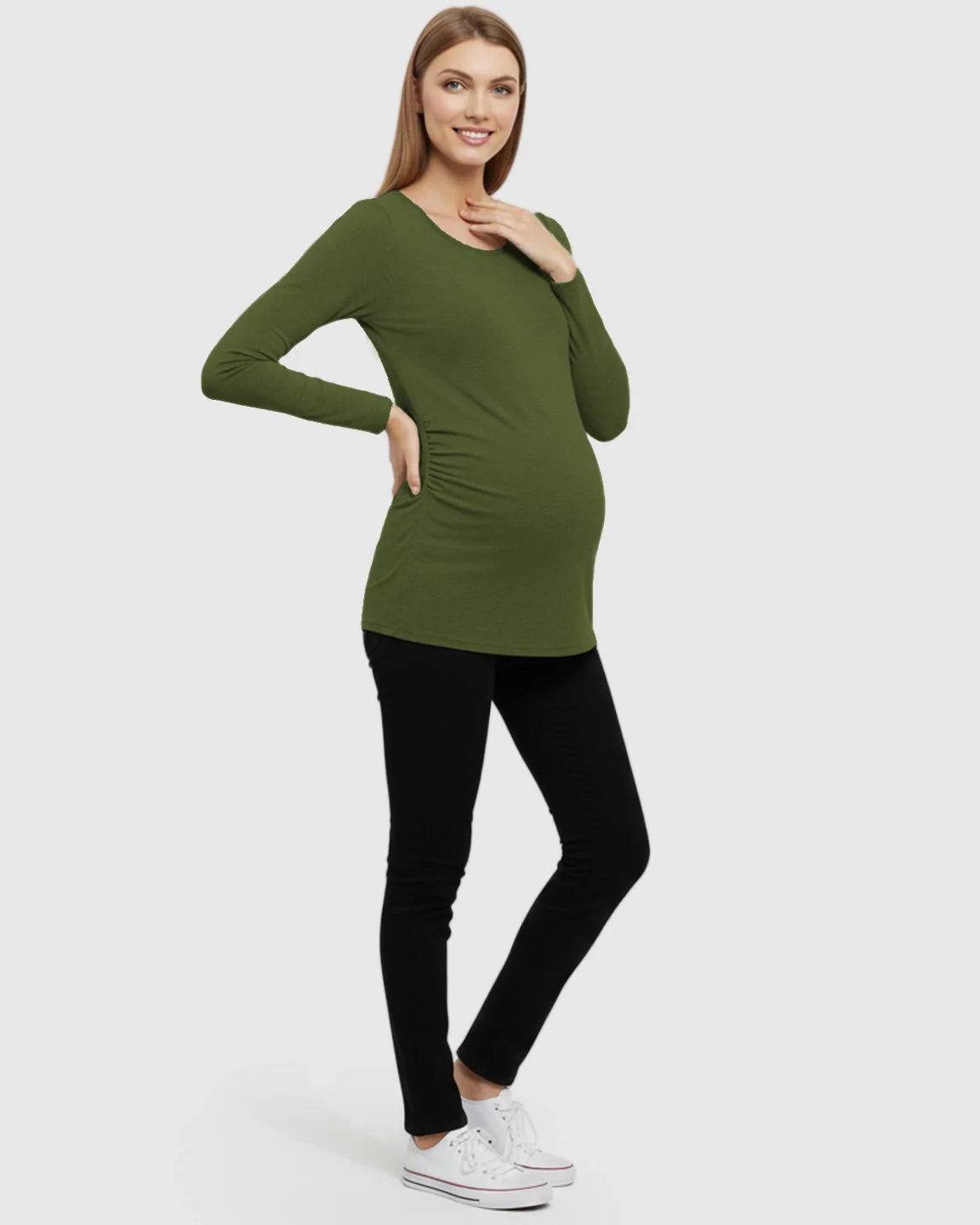 Bump Society – The Comfort Collection: Side Ruched Slim Fit Long Sleeve Maternity Top