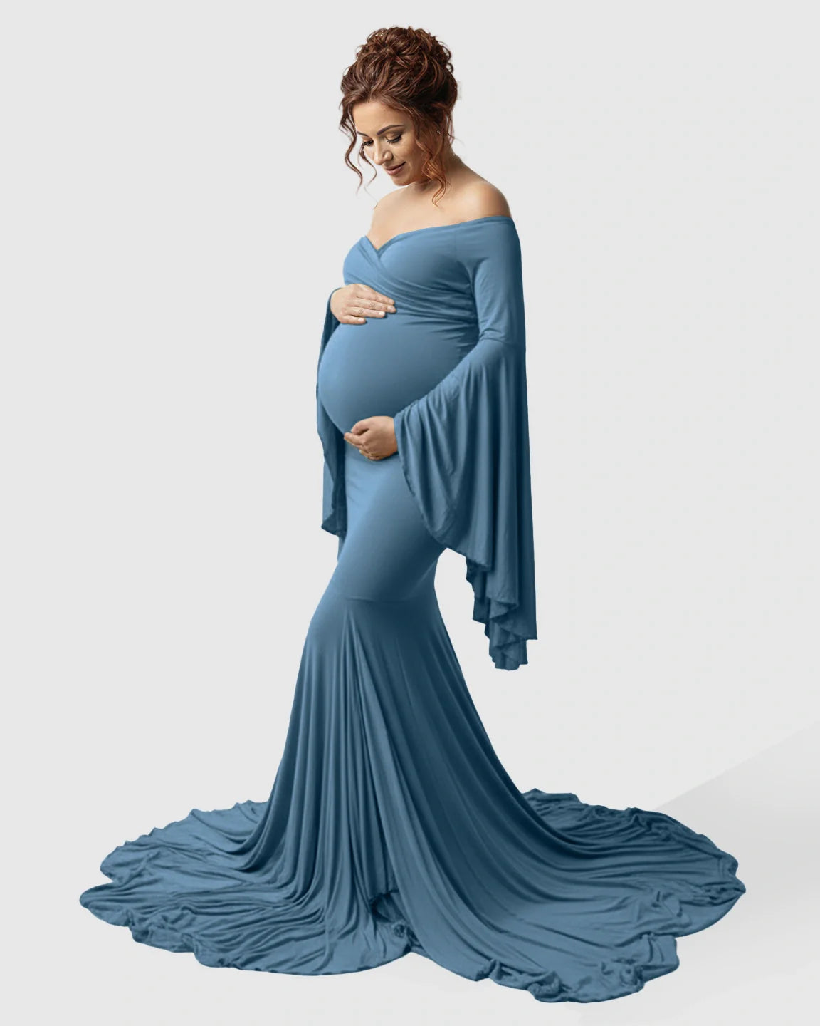 Bump Society – The Comfort Collection: Flared Sleeve Fishtail Train Maternity Photoshoot Dress