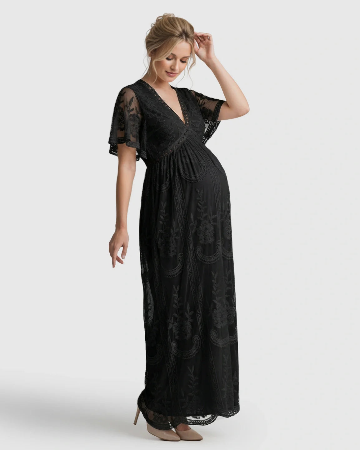 Bump Society – The Comfort Collection: Sheer-Lace Romantic Maternity Maxi Dress