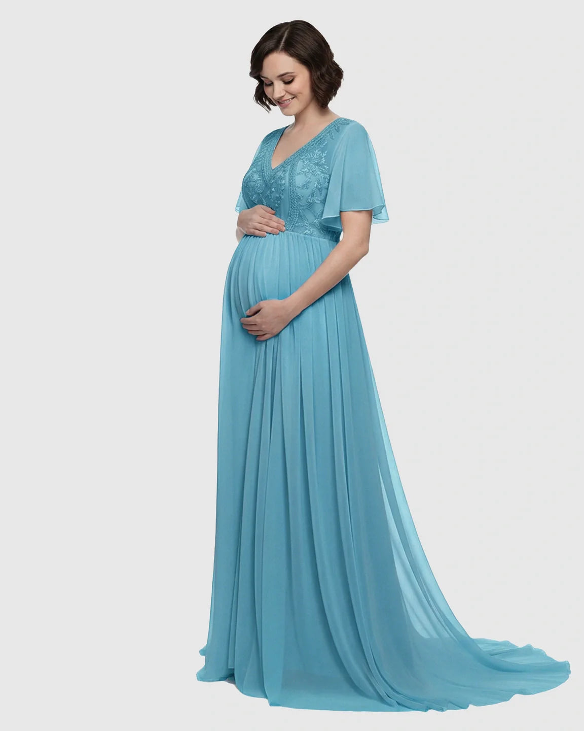 Bump Society – The Comfort Collection: Embroidered Bodice Long Train Maternity Photoshoot Gown