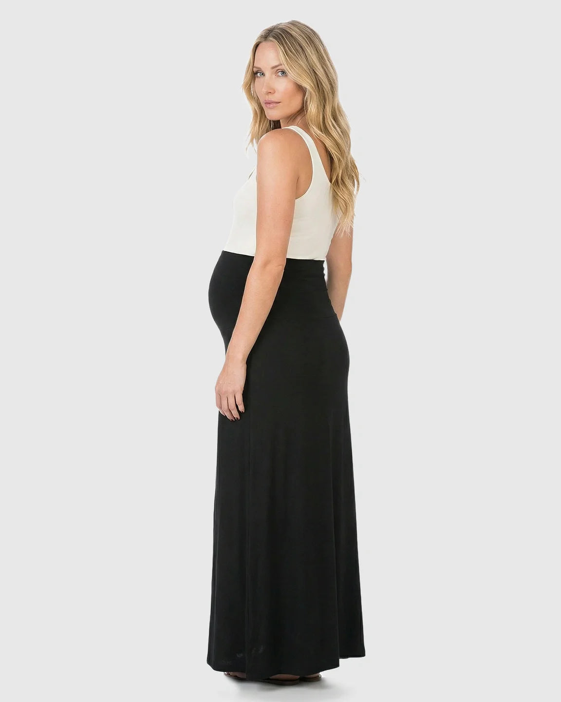 Bump Society – The Comfort Collection: Full-Panel Waistband Flowing Maternity Maxi Skirt