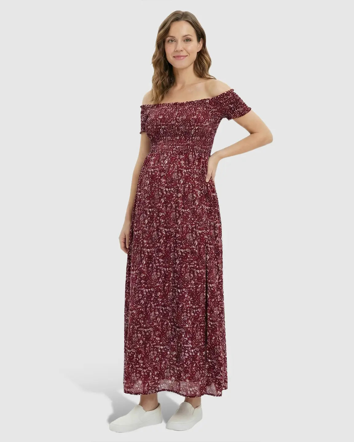Red floral off-shoulder maternity maxi dress with shirred bodice and side slit.