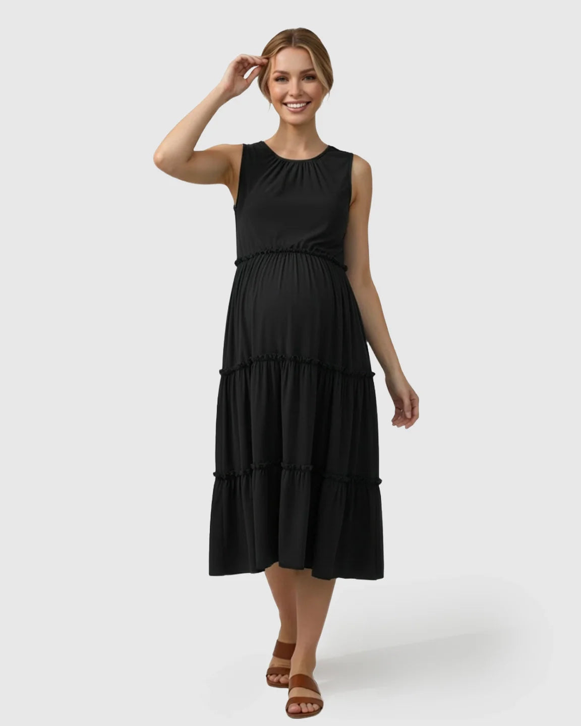 Bump Society – The Comfort Collection: Tiered Ruffle Skirt Casual Maternity Midi Dress