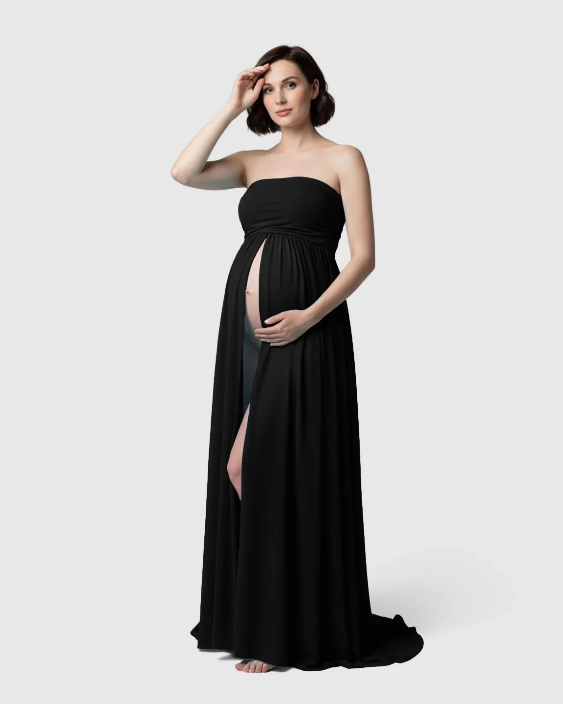 Bump Society – The Comfort Collection: Strapless Ruched Front Slit Maternity Photoshoot Dress