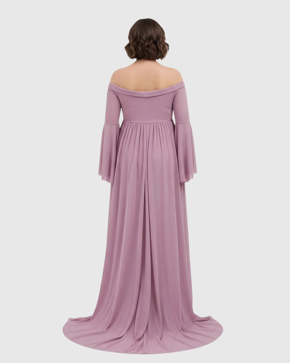 Mauve off-shoulder maternity gown with bell sleeves and a long flowing train.