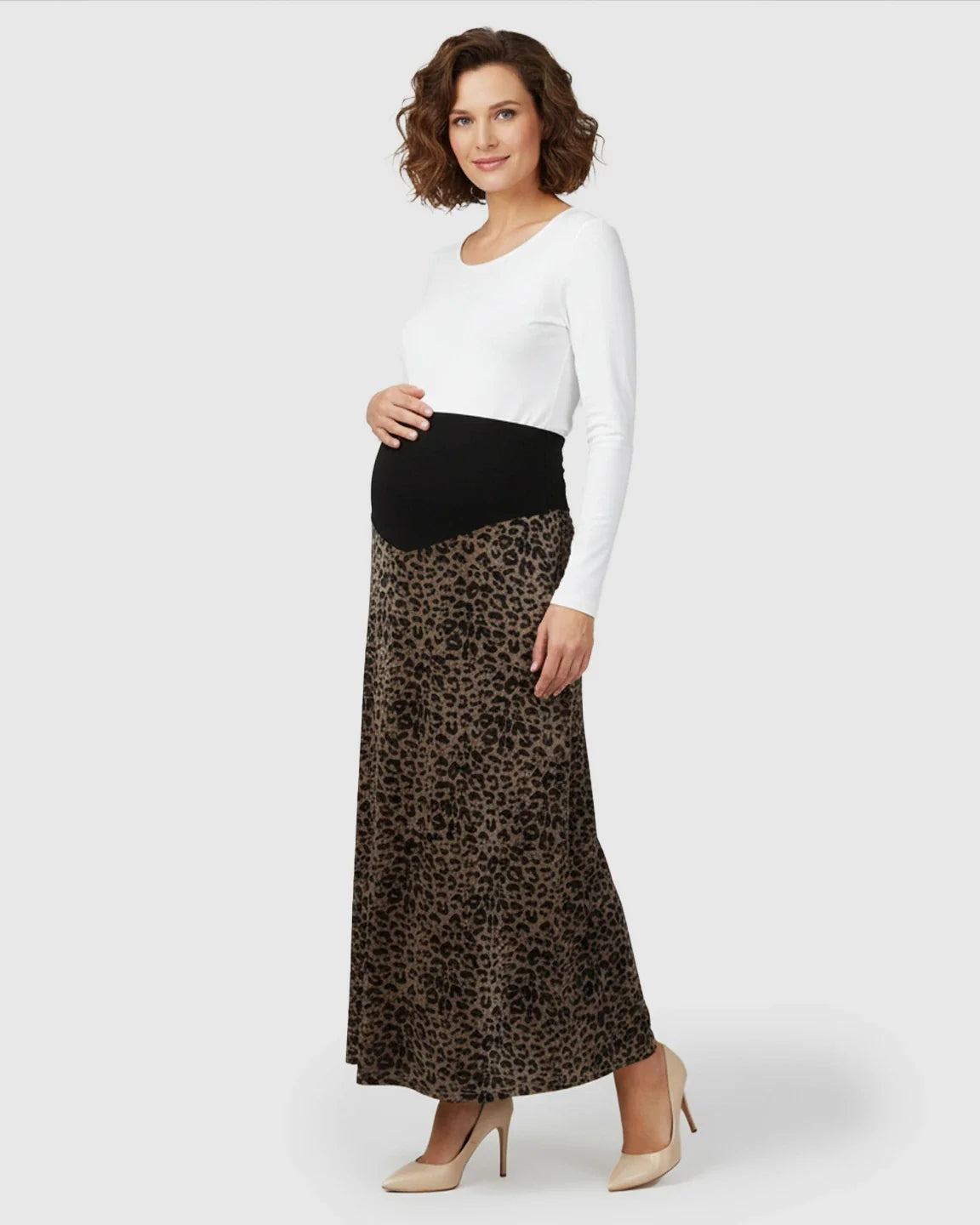Bump Society – The Comfort Collection: Trendy Leopard Print A Line Cut Maternity Maxi Skirt