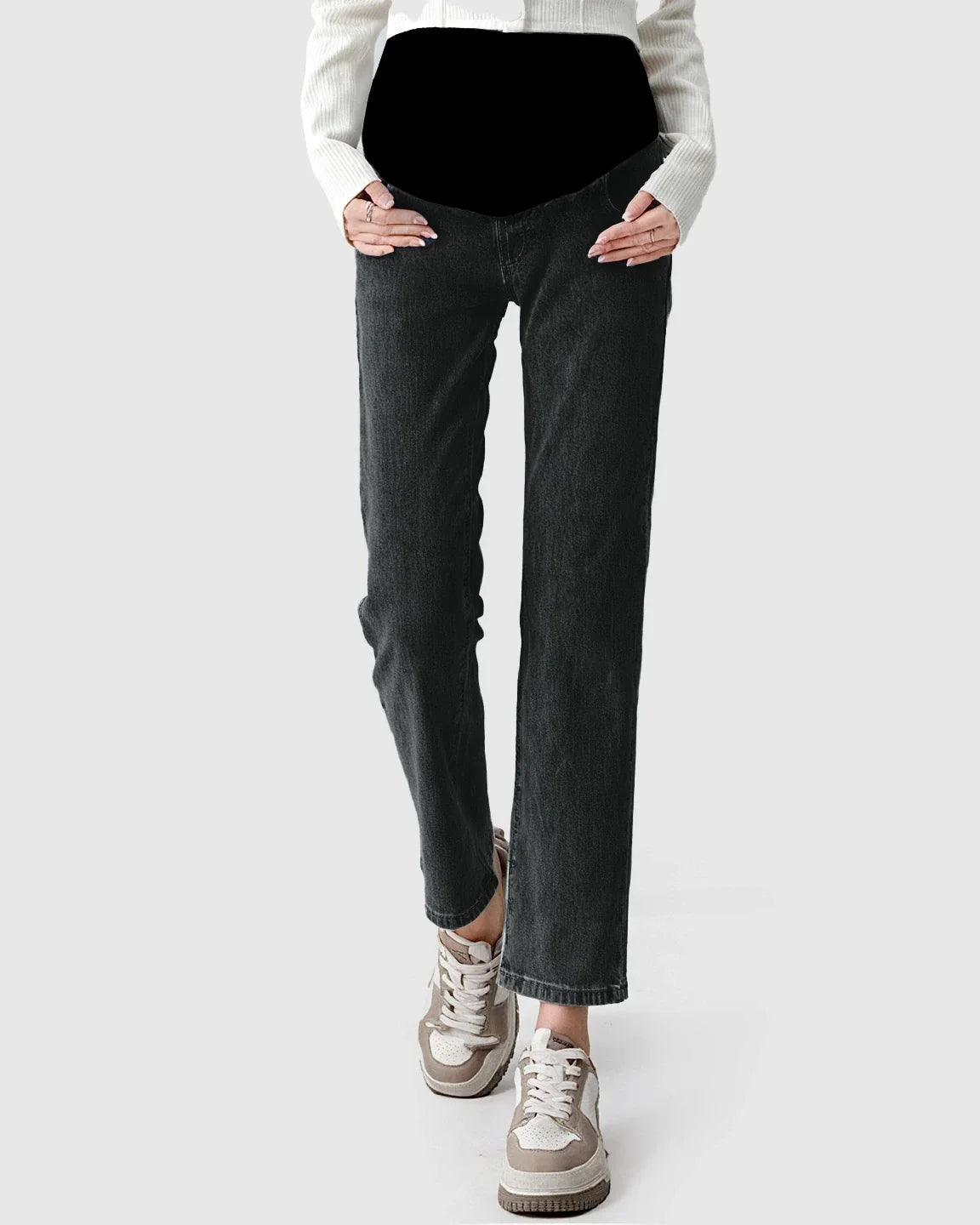 Dark wash stretch denim straight-leg maternity jeans with a black over-the-belly panel.