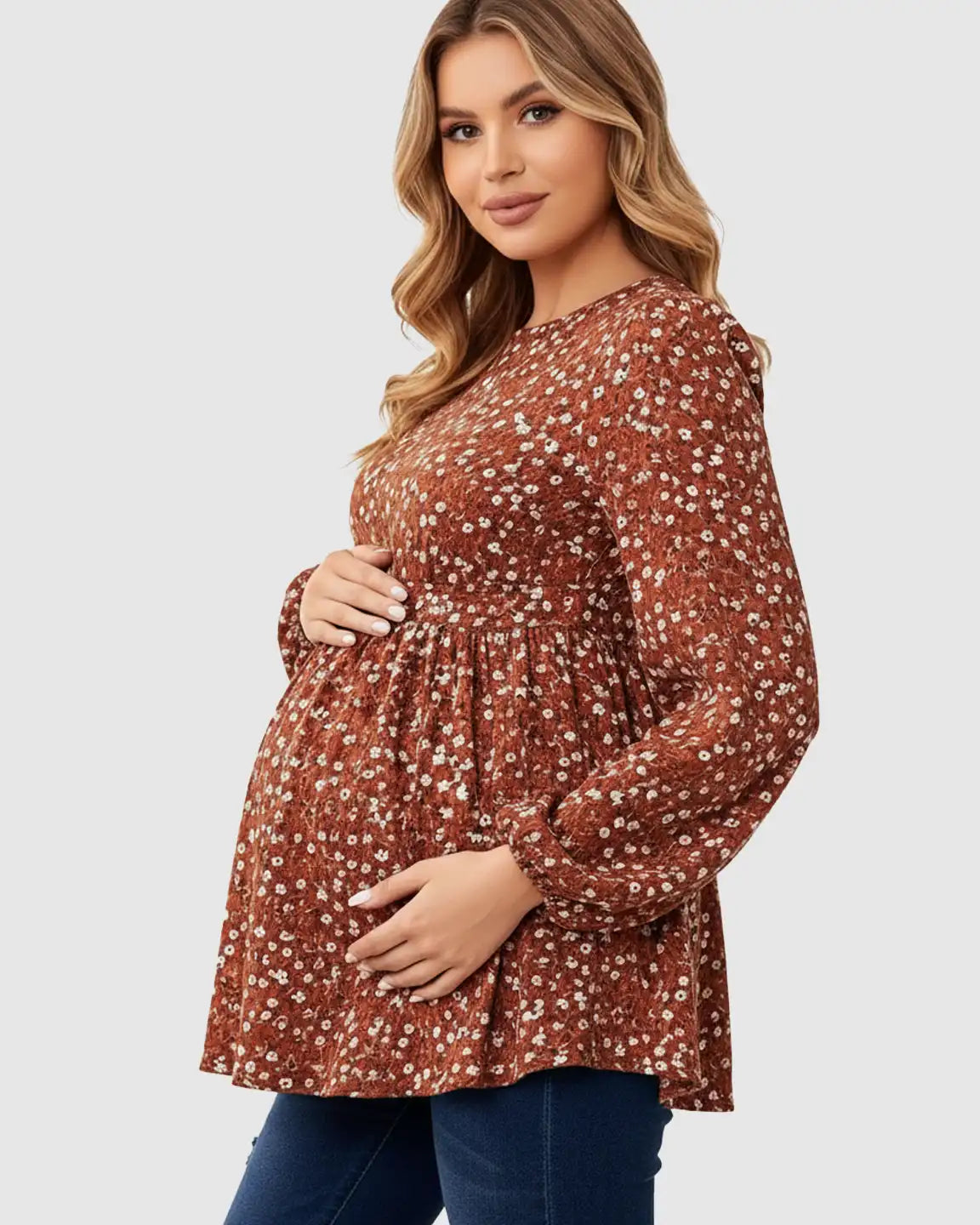 Bump Society – The Comfort Collection: Elegant Red Floral Ruffle Maternity Shirt