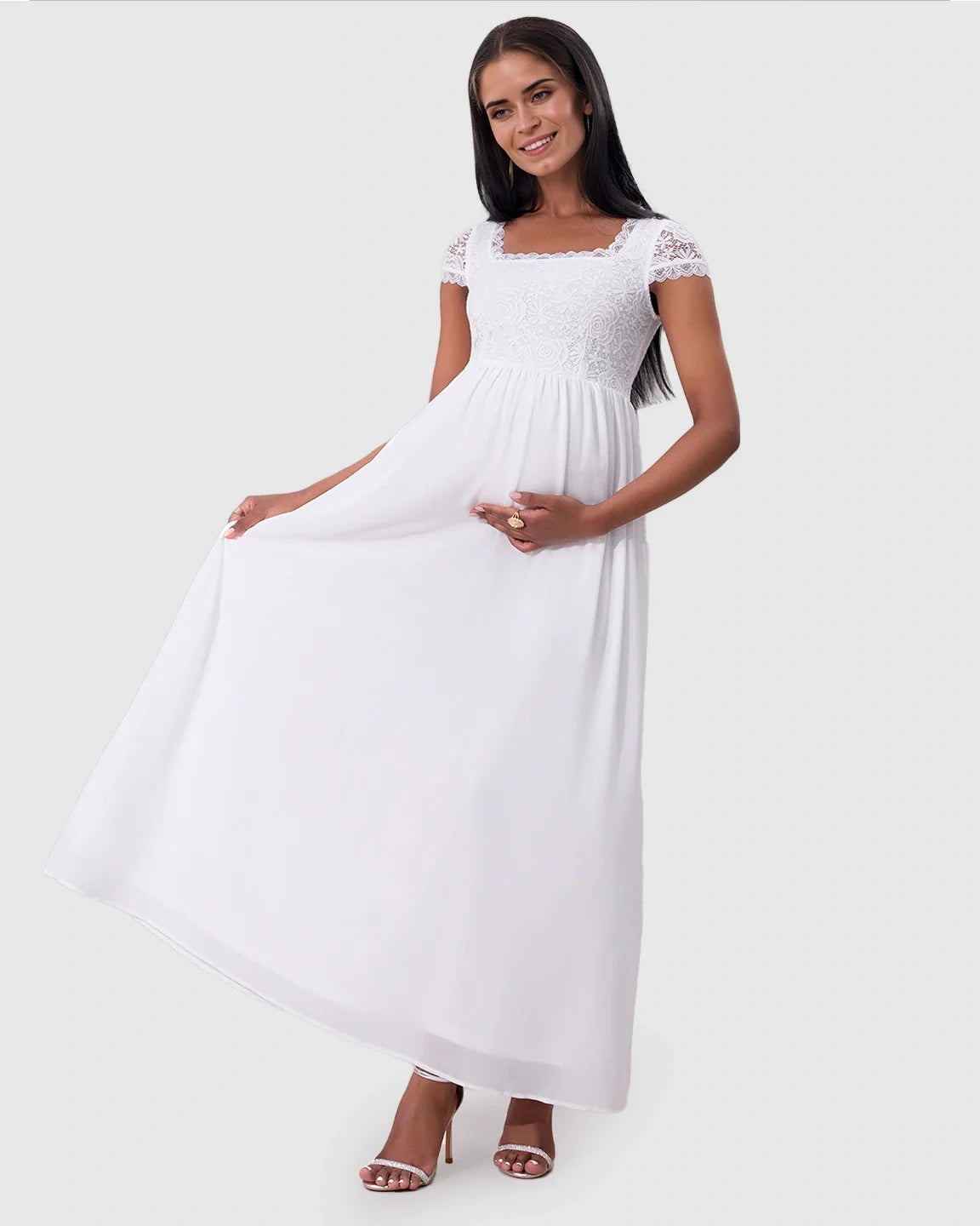 Bump Society – The Comfort Collection: Floral Lace Bodice Elegant Maternity Maxi Dress