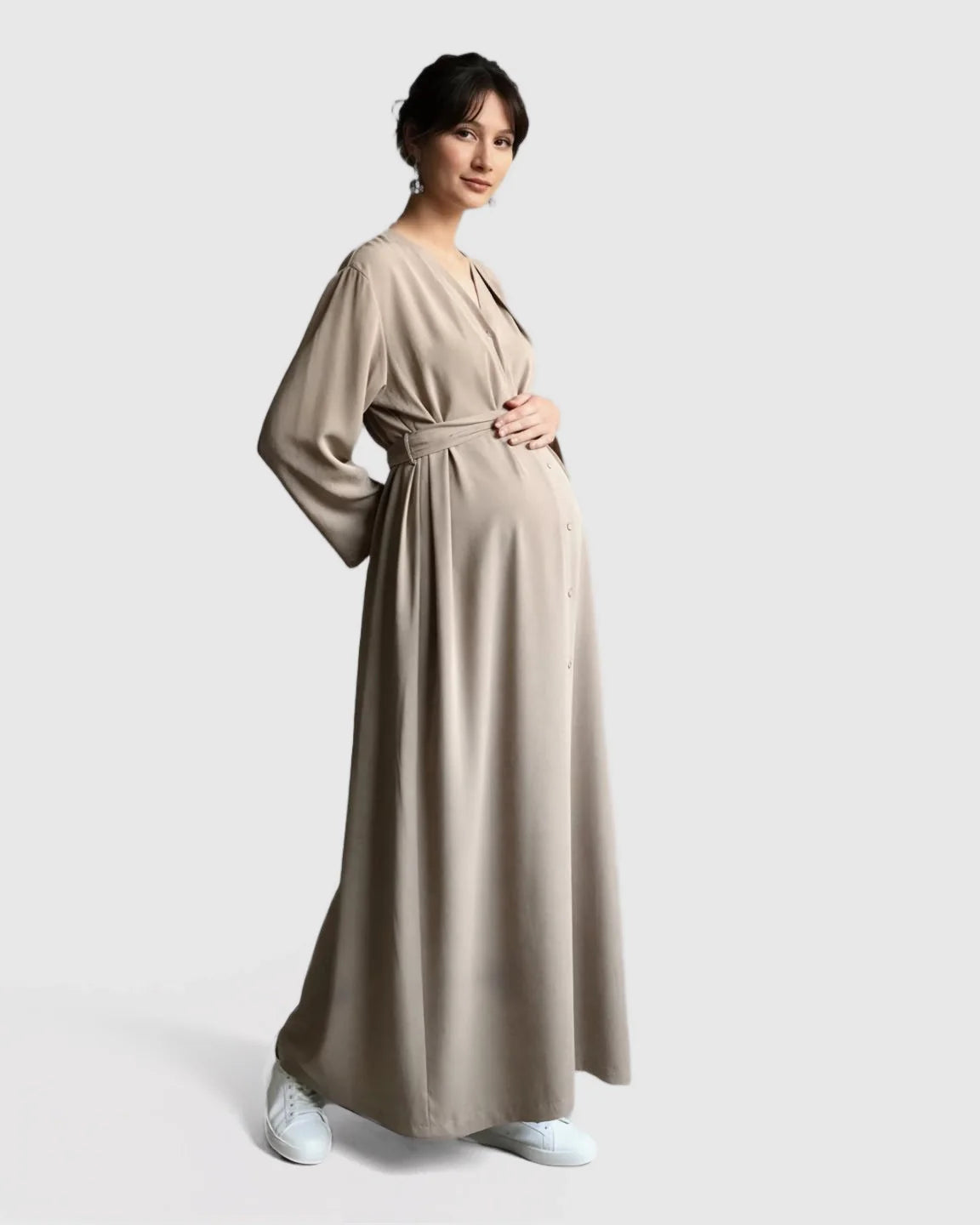 Bump Society – The Comfort Collection: Long Sleeve V-Neck Maternity Maxi Dress with Adjustable Waist