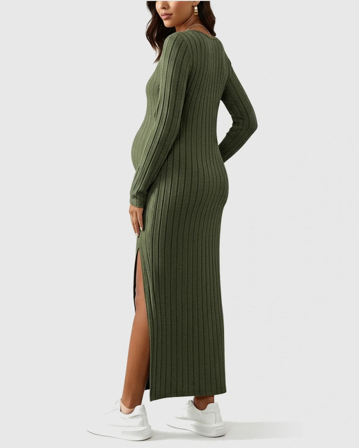 Olive green ribbed knit maternity maxi dress with long sleeves, crew neck, and high side slit.