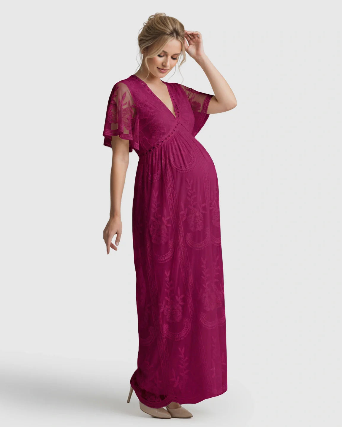 Bump Society – The Comfort Collection: Sheer-Lace Romantic Maternity Maxi Dress