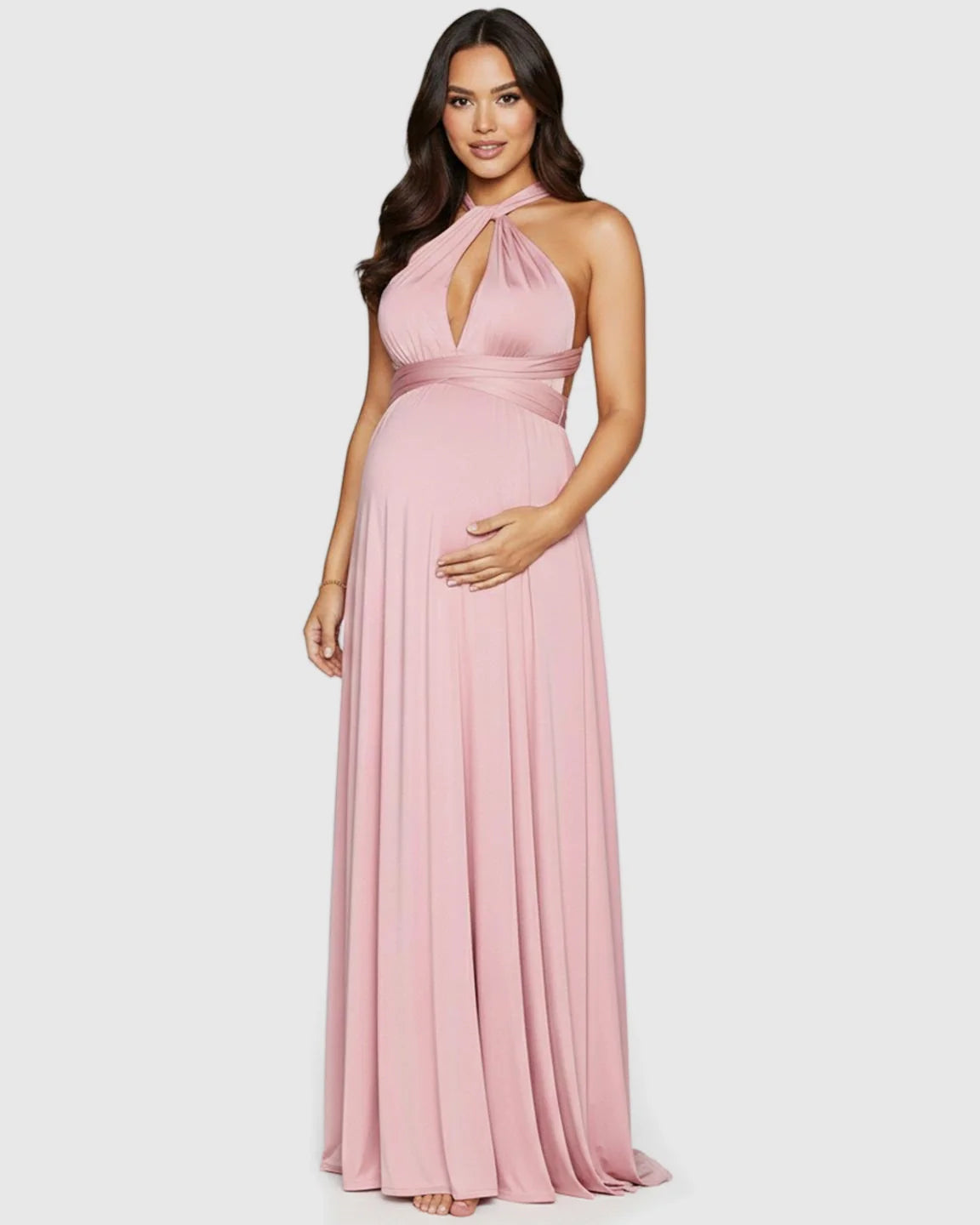 Maternity maxi dress in pink chiffon with a halter neckline, keyhole cutout, and adjustable waist tie.